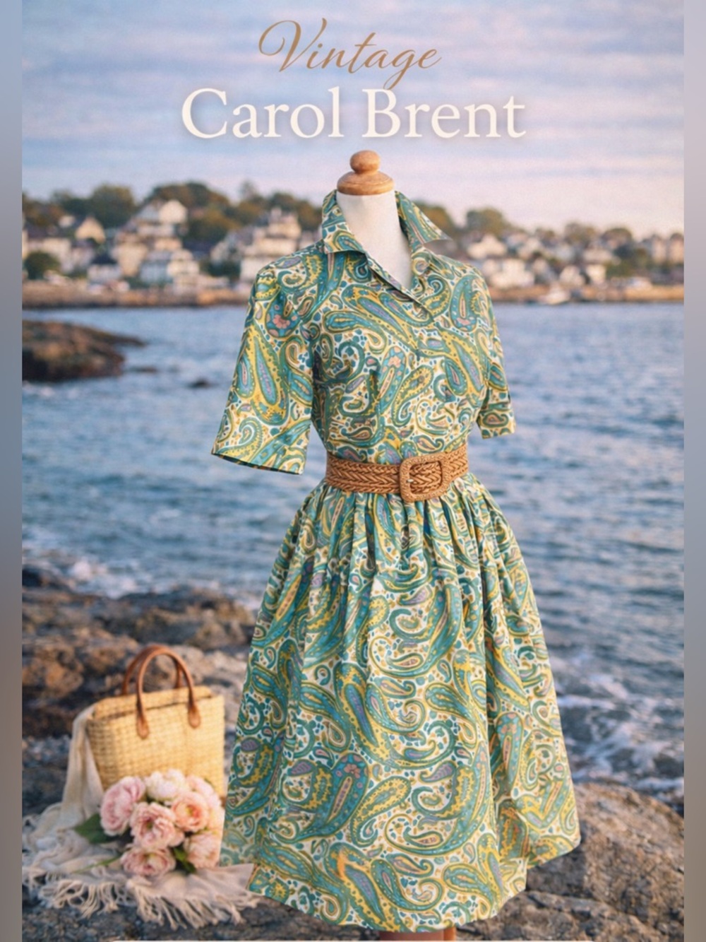 Vintage Carol Brent Paisley Shirtwaist Dress S Teal Full Skirt 27 inch Waist